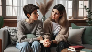 Pareja de mujeres reflexionando